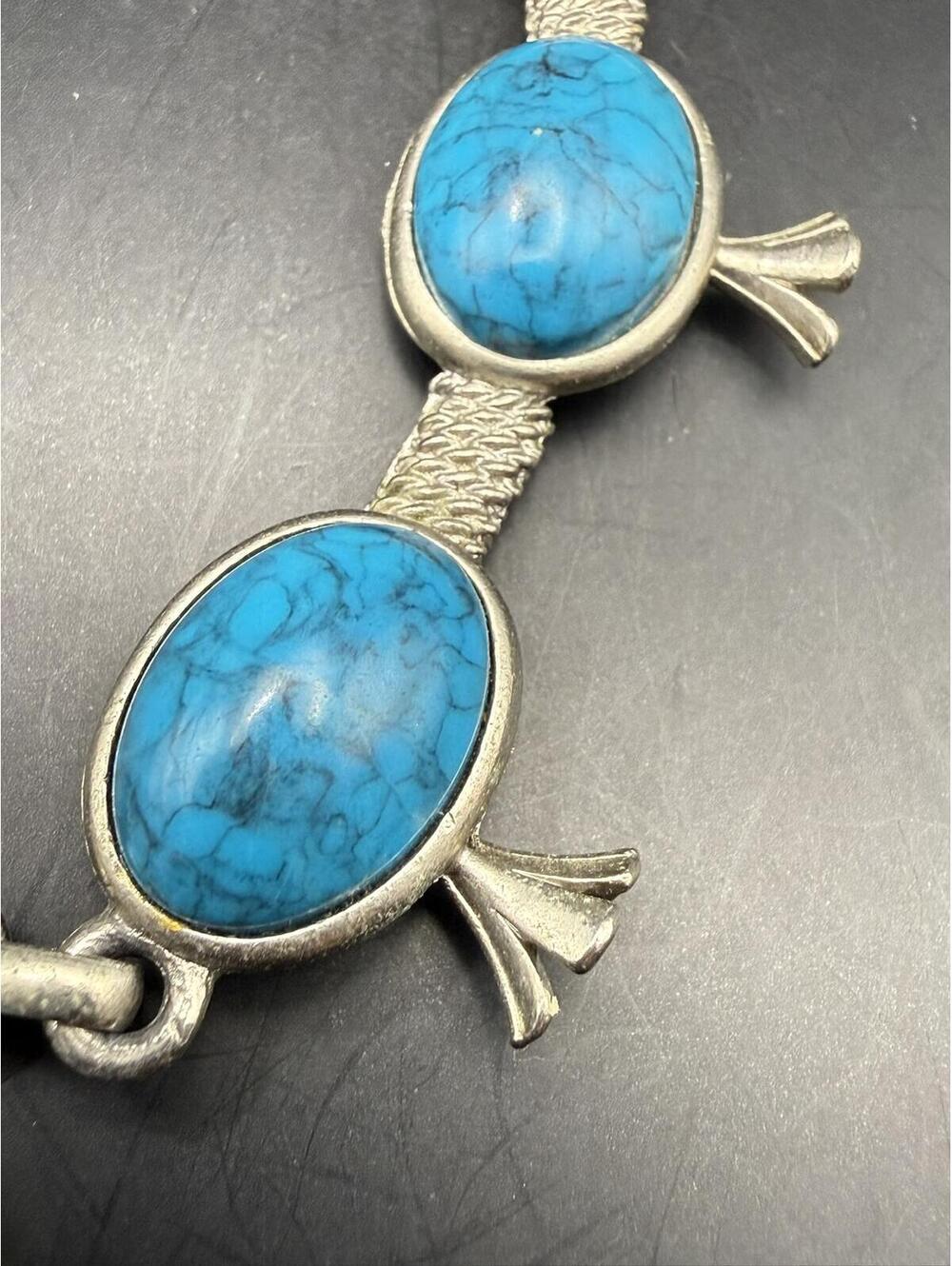 Vintage Costume Turquoise Squash Blossom Necklace - Silver Tone Naja Pendant - Picture 7 of 8